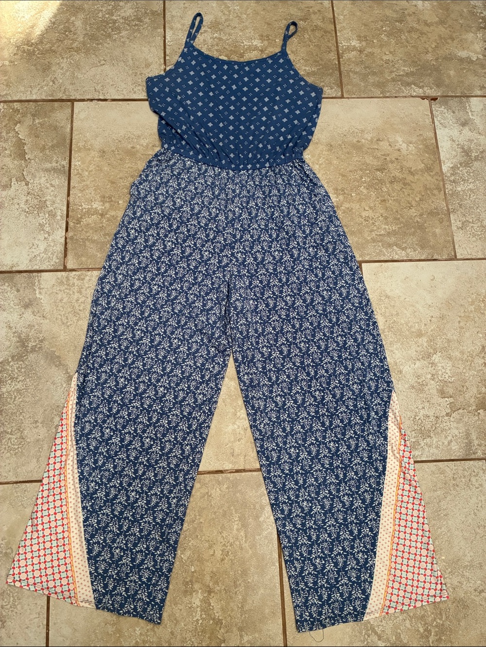 Matilda Jane Blue Printed Spaghetti-Strap Jumpsuit with Contrast Side Panels